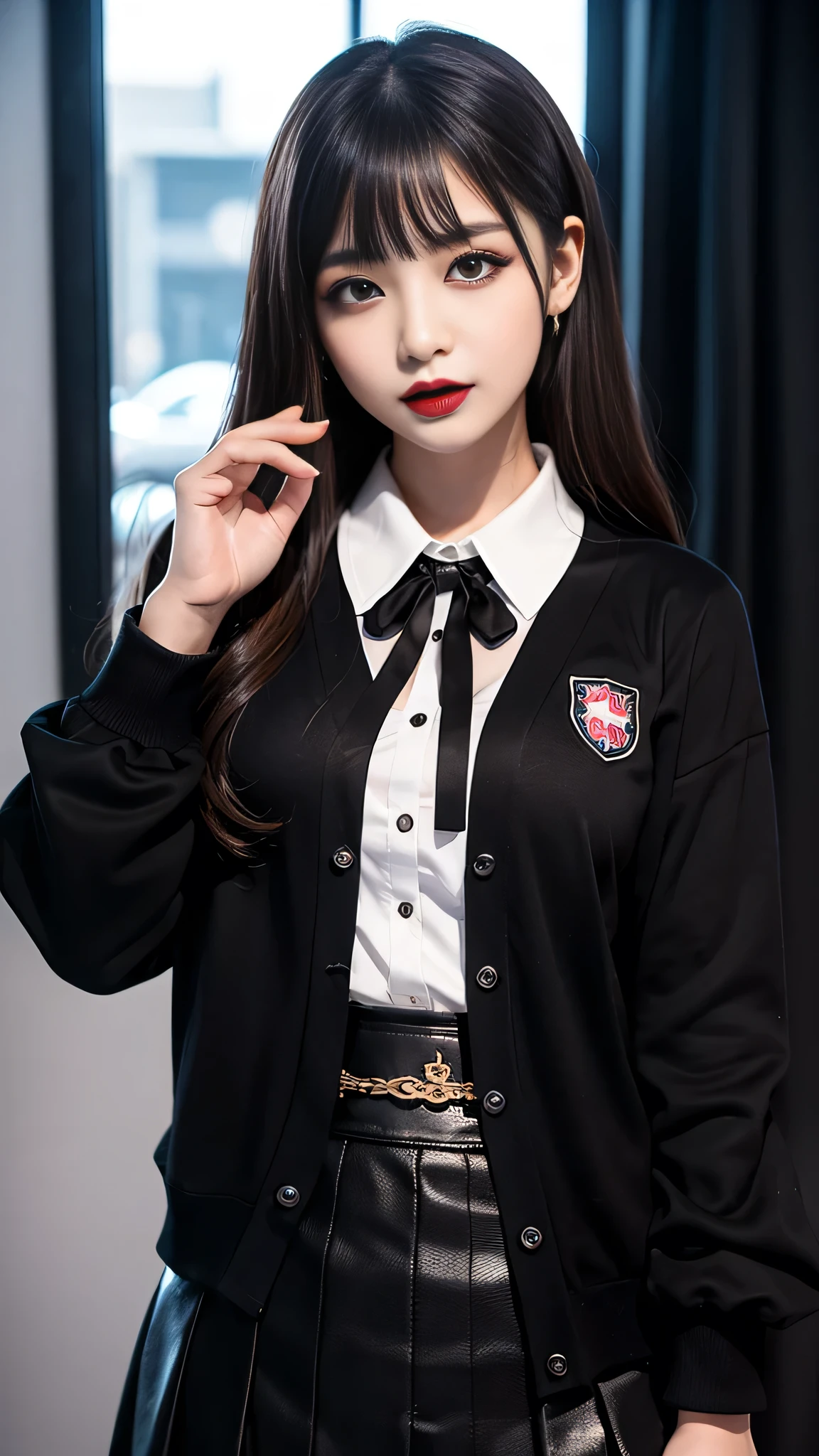 best quality、ultra-detailed、4k、Japanese、Seductive beauty、seductive adult woman、Pretty Woman、cool girl、Villainess、Brainwashed、brainwash、Fallen into evil、smirk、Evil look、Wicked Smile、evil、Brown hair、wavy hair、swept bangs、dark makeup、dark makeup、piercing eyes、hollow eyes,half-closed eyes、Hollow Eyes、purple Eyeshadow、black lipstick、black lipglos、student、uniform、Black cardigan、White Shirt、Black Ribbon、flare skirt、pantyhose、night、inside darkroom、Applying lipstick、Emblem of Evil、Crest of Darkness、Swear allegiance、I have pledged my allegiance、Dye black、Blackening、Stained with evil、Dyed in darkness、Seduce