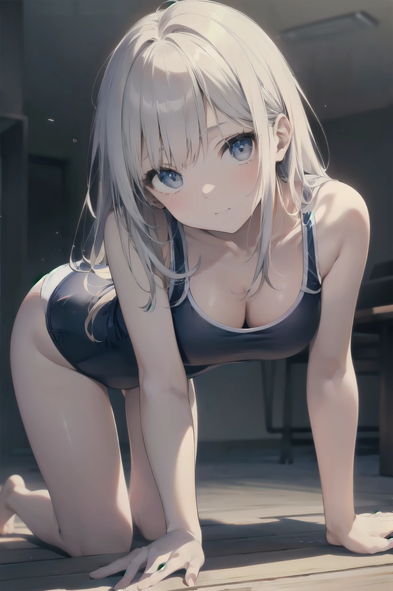 masterpiece, best quality, 1 girl, detailed beautiful face, ((white school swimsuit)), short hair, waved hair, twintail, adorable, japanese yo, one-piece white swimsuit, (small breast), (flat chest), wet skin, shiny skin, nsfw, (white hair), spread legs, spread realistic vagina, (squirting), squatting, orgasm, embarrassed, drunken eyes, from below