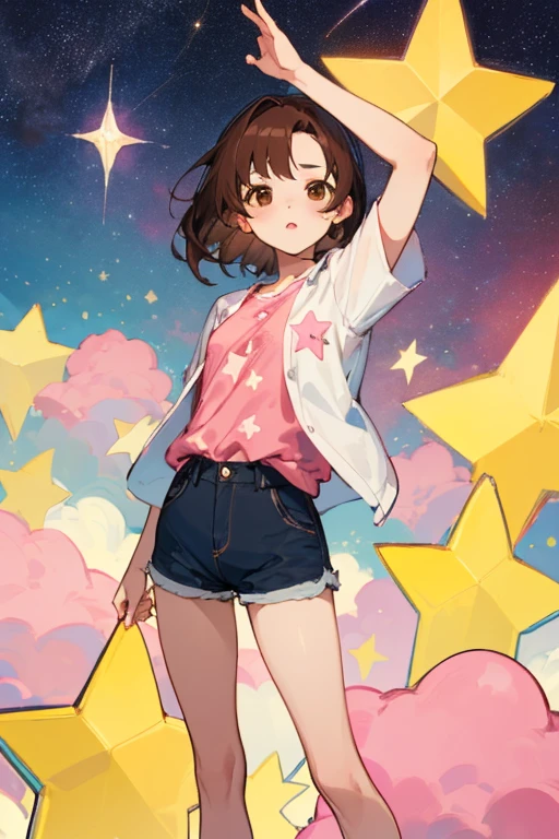 Mujer, Brown hair, Brown eyes, vincha rosa, estrellas en la cabeza, shorts con tirantes, camisa rosa, alegre 