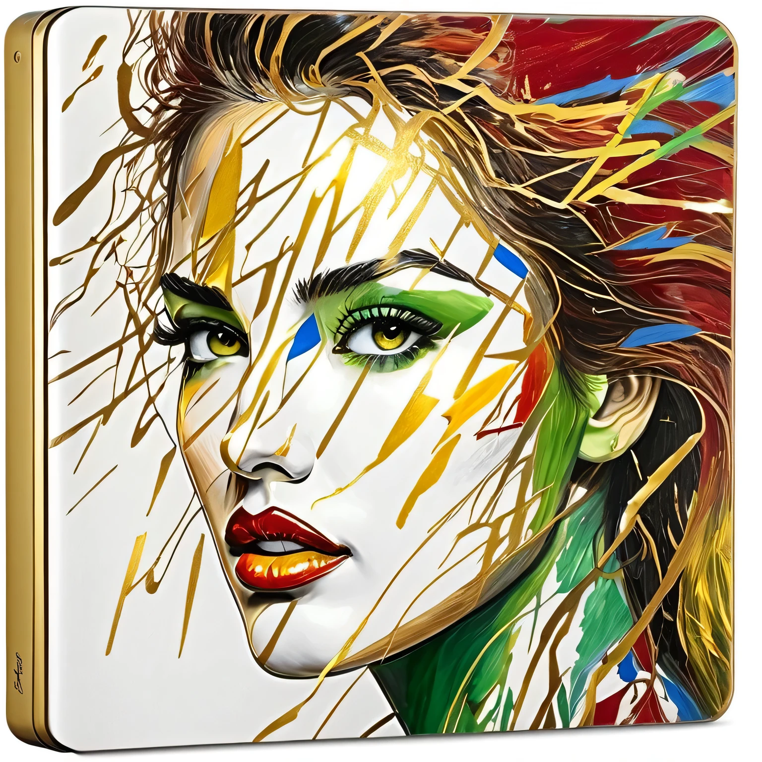 High quality, a work of abstract art by a legendary painter, like a girl face with a touch of pencil sketching, has soul, red, gold, yellow, blue and green, hard lsquare, lightning solid cover and shiny