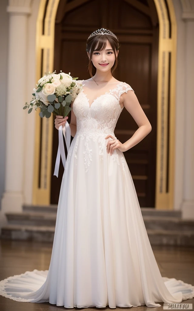 (highest quality:1.5)、(Realistic:1.5)、(1 person:1.5)、(Take a full-body photo:1.5)、Very detailed、High resolution、8k wallpaper、、Normal milk、Natural color lips、Cute Smile、Japanese women、20-year-old girl、Beautiful and elegant face、Perfect and beautiful face、Large, balanced eyes、Brunette's eyes、Beautiful and elegant face、Beautiful double eyelids、Natural Bangs、Beautiful thin nose、Beautiful Skin、Fair skin、(Medium Bob Hair)、Natural Bangs、Perfect and beautiful face、Slim face and figure、(Looking at the camera with a sweet smile)、Bright lighting、Professional Lighting、Forward lighting、Wedding dress、tiara、(白いオフショルダーのマーメイドラインのWedding dressを着て)、Wedding ceremony in a church with beautiful stained glass、pose for a photo、