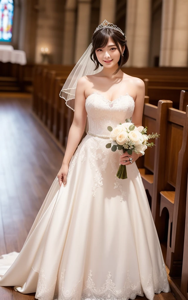 (highest quality:1.5)、(Realistic:1.5)、(1 person:1.5)、(Take a full-body photo:1.5)、Very detailed、High resolution、8k wallpaper、、Normal milk、Natural color lips、Cute Smile、Japanese women、20-year-old girl、Beautiful and elegant face、Perfect and beautiful face、Large, balanced eyes、Brunette's eyes、Beautiful and elegant face、Beautiful double eyelids、Natural Bangs、Beautiful thin nose、Beautiful Skin、Fair skin、(Medium Bob Hair)、Natural Bangs、Perfect and beautiful face、Slim face and figure、(Looking at the camera with a sweet smile)、Bright lighting、Professional Lighting、Forward lighting、Wedding dress、tiara、(白いオフショルダーのマーメイドラインのWedding dressを着て)、Wedding ceremony in a church with beautiful stained glass、pose for a photo、