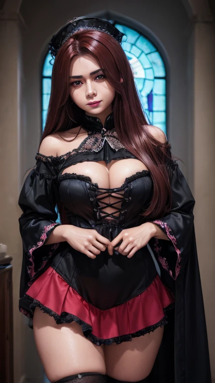 (Latina woman:2)、Hard Dark Gothic Makeup、deep night sky、Horror、Black dark eyeshadow、cry、sad、Good skin radiance、Dark Gothicメイク、Dark smile、palace、The beauty of fragrance、24-years-old、Expression of intense sexual pleasure、Embarrassed look、Dark Gothic、Obscene language、highest quality、View 5 books、Expression of sexual pleasure in suffering、Drunk face、紫のMaid clotheysterious、Noble、A face that is holding back the toilet、sexy、Loving smile、Twin tail hair、jet black ruffle skirt、Right blue eye, Left eye is red、Super bewitching pose、Platform Heel Shoes、Heavy makeup、Gothic ta Clothing、A little slimmer、(Dark red Hair:1.4)、Long Hair Straight Hair、Cute Gothic Loliress、Beautiful Face、elegant features、Fascinating face、Knee-high socks、Stained glass background、Chest glistening with sweat、The room is dark、goth long dress、Bell Sleeves、Wizard Sleeve、decadent look、Sexually excited expression、Gothic Mode、Glossy thighs wet with water、Thighs that are wet and shiny with oil、Background of a room full of roses、sad expression、Rose Maiden、The embroidery is pink、The dress has pink embroidery、Thigh-high socks、Knee-high socks、Gentle expression、masturbation behavior、Dark black eyeshadow、despicable act、Stained glass and rose background、Wearing black underwear、Black panties、thighs are a little thin、Female Duo、female couple、I have lesbian friends、hug a girl、A blue lightning bolt glows in his right hand.、Blue electromagnetic waves shine in my hands.、dark church background、Stained glass、black metal world、Dark Castle、Dark Room、Slender body、upright、walk、Are standing、gothic long dresaid clothes、Victorian dresses、Her thighs glisten with sweat、My body is wet and shiny、Lots of glitter on the thighs、sweating、My thighs are sticky from sweating、Sweat glistens on the thighs, The whole body is sweaty and shiny、pretty sweaty、My thighs are sweaty、My thighs are so wet、My thighs are shining with sweat、A lot of sweat glistens all over the body、The thighs are the best、