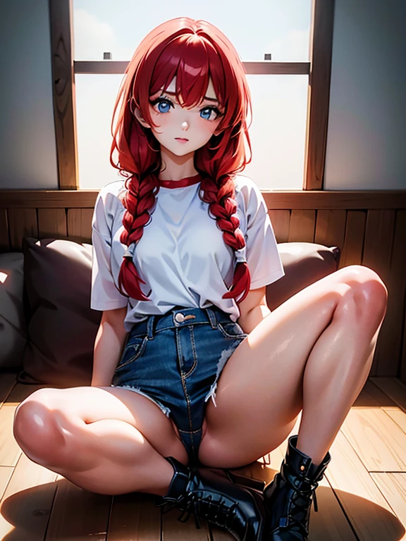 Garota anime ruiva vestindo chaqueta de cuero roja y pantalones de cuero azul, , cuerpo bonito, botas negras, zapatos de botas de cuero, senos grandes, con una mano en tu cintura y la otra en tus labios, mano en la cadera, mano con el dedo en el labio, dedo na boca, chica sexy, red pelo con trenza, Beautiful lighting, sombras suaves, ojos rojos, bonitas piernas, pelo azul, estilo anime, rei ayanami, Autora Rumiko Takahashi, Basado en obra de Rumiko Takahashi, , senos grandes, sexy decoration, cadera robusta, cuerpo entero, cuerpo entero, hermosos pechos, chica joven con cuerpo hermoso y hermoso, botas negras, zapatos de botas de cuero, chaqueta de cuero roja y pantalones de cuero azul, camisa blanca debajo de la chaqueta