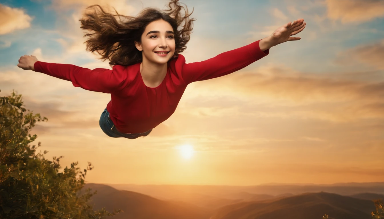 Rowan Blanchard flying happily and gracefully in the sky