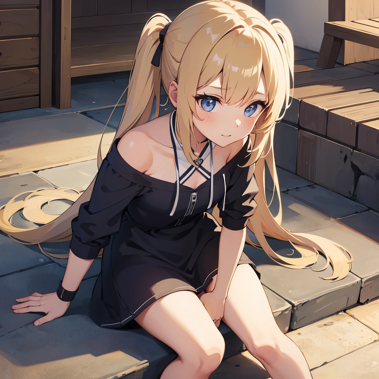 realisticlying，(from below:1.7)、flat color, anime coloring, extremely detailed CG、high resolution、absurderes、detailed background:1.3、1 girl、、( short stature:1.3、shiny skin、 small breasts、sitting,  casual dress、、seductive smile, arms behind back), back alley background, blond hair

