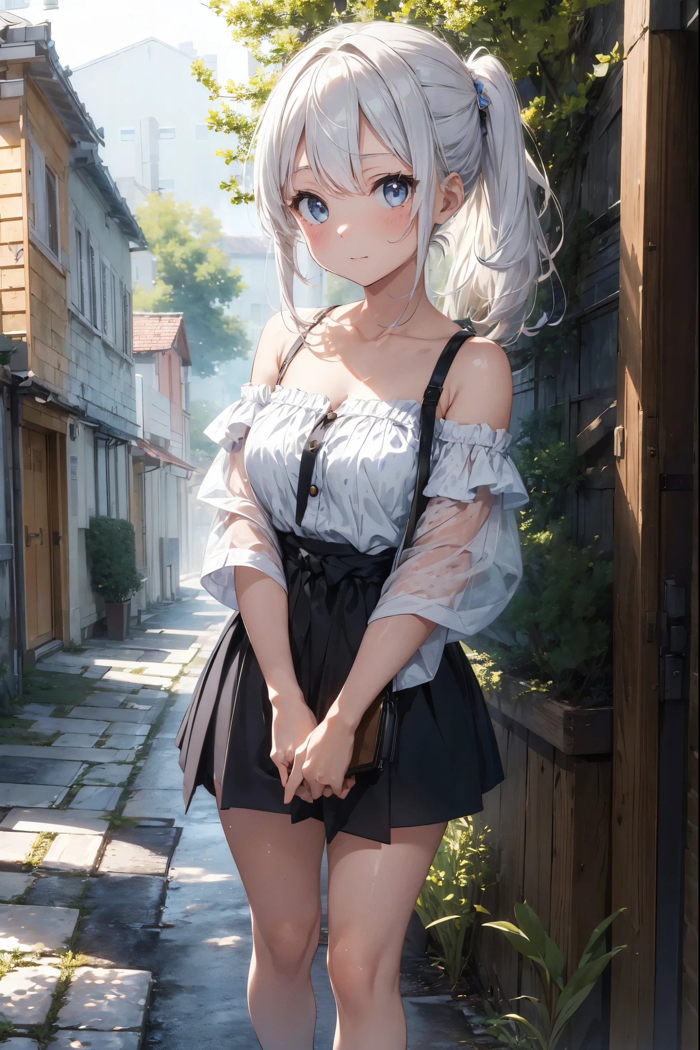 ((((masterpiece)))), expensive quality, very_expensive_solve, One girl, {{They are}}, (()), ((white hair)), {{cute}}, face, Drunk, Blue off-the-shoulder spring outfit, gradation kimono, , hairpin, Drawing up to the knees、Put your hand forward and hold it、Leaning against a wall, liquor, ((forest)), ((Back Alley)), paving stone, fog, Wind, ((Speckled sunlight)), white, ((View your viewers)), 閉じる小さな胸の谷間Wind呂敷を差し出す