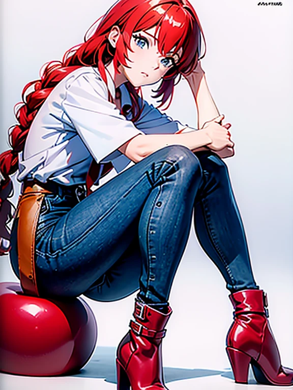 Garota anime ruiva vestindo chaqueta de cuero roja y pantalones de cuero azul, 16 years, cuerpo bonito, botas negras, zapatos de botas de cuero, senos grandes, con una mano en tu cintura y la otra en tus labios, mano en la cadera, mano con el dedo en el labio, dedo na boca, chica sexy, red pelo con trenza, Beautiful lighting, sombras suaves, ojos rojos, bonitas piernas, pelo azul, estilo anime, rei ayanami, Autora Rumiko Takahashi, Basado en obra de Rumiko Takahashi, , senos grandes, sexy decoration, cadera robusta, cuerpo entero, cuerpo entero, hermosos pechos, chica joven con cuerpo hermoso y hermoso, botas negras, zapatos de botas de cuero, chaqueta de cuero roja y pantalones de cuero azul, camisa blanca debajo de la chaqueta