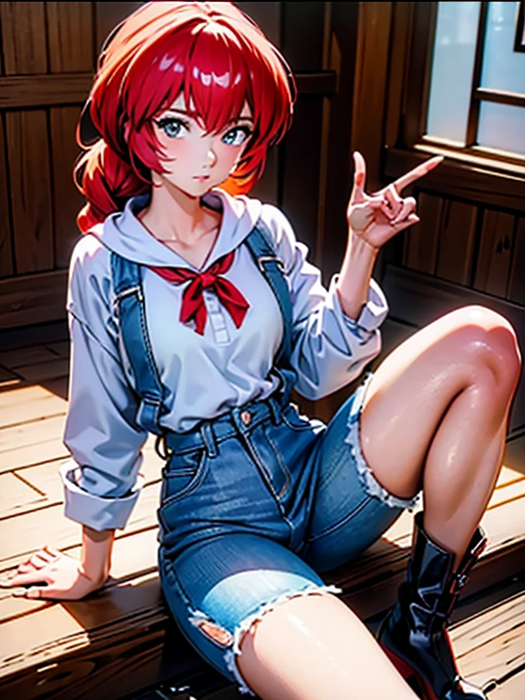 Garota anime ruiva vestindo chaqueta de cuero roja y pantalones de cuero azul, , cuerpo bonito, botas negras, zapatos de botas de cuero, senos grandes, con una mano en tu cintura y la otra en tus labios, mano en la cadera, mano con el dedo en el labio, dedo na boca, chica sexy, red pelo con trenza, Beautiful lighting, sombras suaves, ojos rojos, bonitas piernas, pelo azul, estilo anime, rei ayanami, Autora Rumiko Takahashi, Basado en obra de Rumiko Takahashi, , senos grandes, sexy decoration, cadera robusta, cuerpo entero, cuerpo entero, hermosos pechos, chica joven con cuerpo hermoso y hermoso, botas negras, zapatos de botas de cuero, chaqueta de cuero roja y pantalones de cuero azul, camisa blanca debajo de la chaqueta