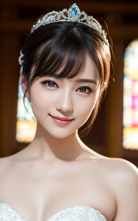(highest quality:1.5)、(Realistic:1.5)、(1 person:1.5)、(Medium Shot:1.5)、Very detailed、High resolution、8k wallpaper、、Normal milk、Natural color lips、Cute Smile、Japanese women、20-year-old girl、Beautiful and elegant face、Perfect and beautiful face、Large, balanced eyes、Brunette's eyes、Beautiful and elegant face、Beautiful double eyelids、Natural Bangs、Beautiful thin nose、Beautiful Skin、Fair skin、(Medium Bob Hair)、Natural Bangs、Perfect and beautiful face、Slim face and figure、(Looking at the camera with a sweet smile)、Bright lighting、Professional Lighting、Forward lighting、Wedding dress、tiara、(白いオフショルダーのマーメイドラインのWedding dressを着て)、Wedding ceremony in a church with beautiful stained glass、pose for a photo、