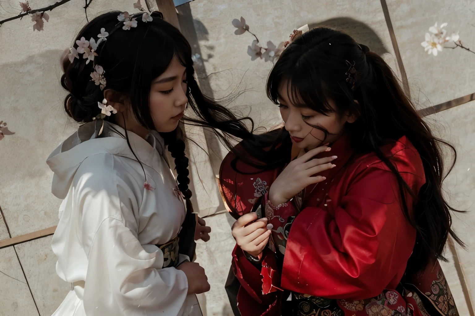 (Best quality, 8k, 32k, Masterpiece, UHD:1.2) "Transform the setting to Ancient China from Heaven Official's Blessing, depicting a picturesque landscape with traditional Chinese architecture, serene lakes, and majestic mountains. Add an ethereal touch with flower petals fluttering and floating all over the scenery, creating a dreamlike atmosphere. Incorporate elements of mystical atmosphere with floating lanterns, cherry blossoms, and wisps of fog. Capture the essence of ancient Chinese culture and elegance."