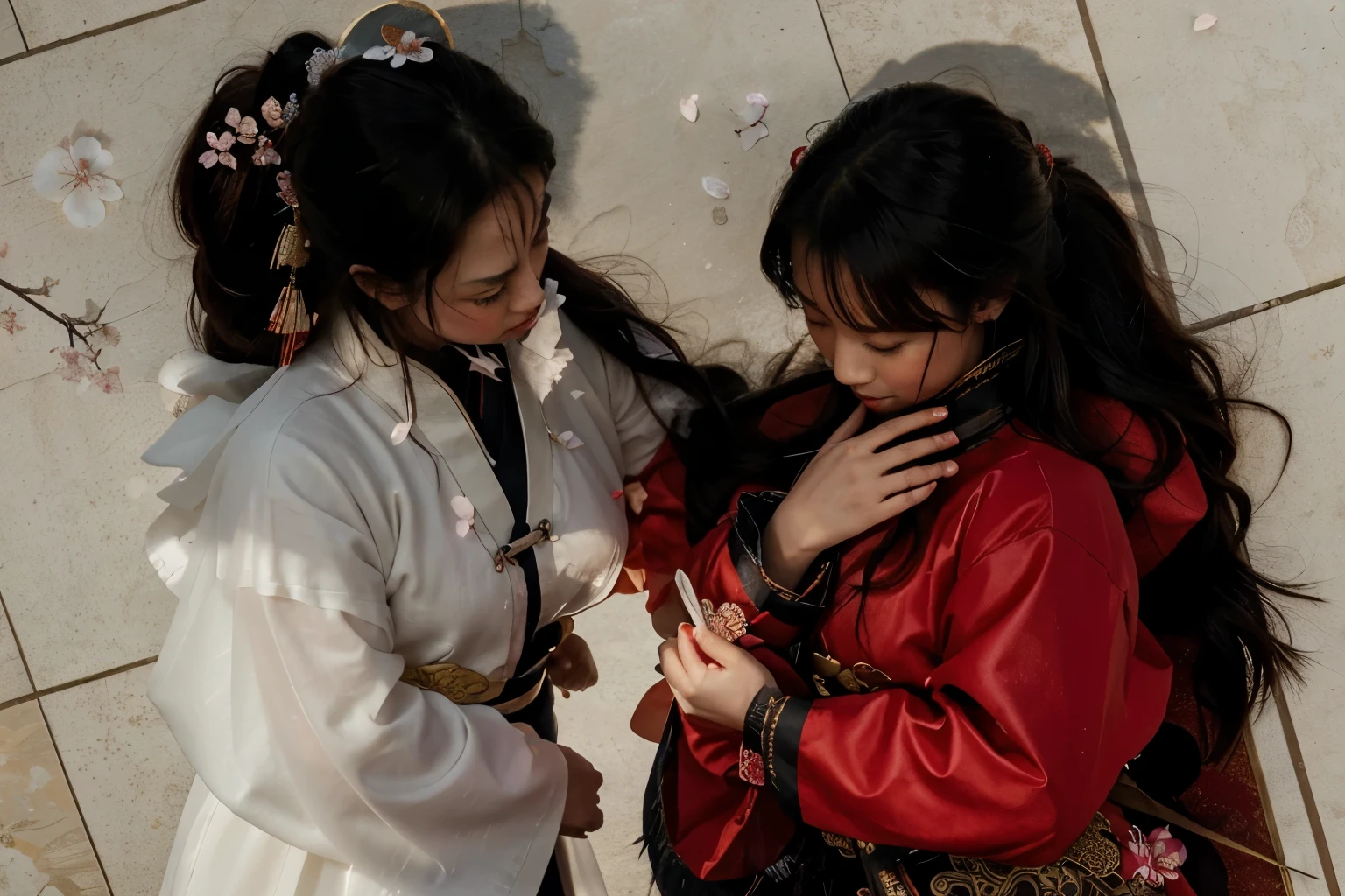 (Best quality, 8k, 32k, Masterpiece, UHD:1.2) "Transform the setting to Ancient China from Heaven Official's Blessing, depicting a picturesque landscape with traditional Chinese architecture, serene lakes, and majestic mountains. Add an ethereal touch with flower petals fluttering and floating all over the scenery, creating a dreamlike atmosphere. Incorporate elements of mystical atmosphere with floating lanterns, cherry blossoms, and wisps of fog. Capture the essence of ancient Chinese culture and elegance."