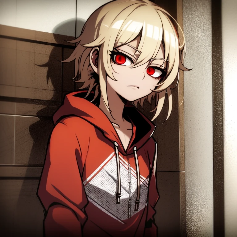 red eyes in a red hoodie, Danganronpa digital art, Arthur Fate, anime moe artstyle, male protagonist