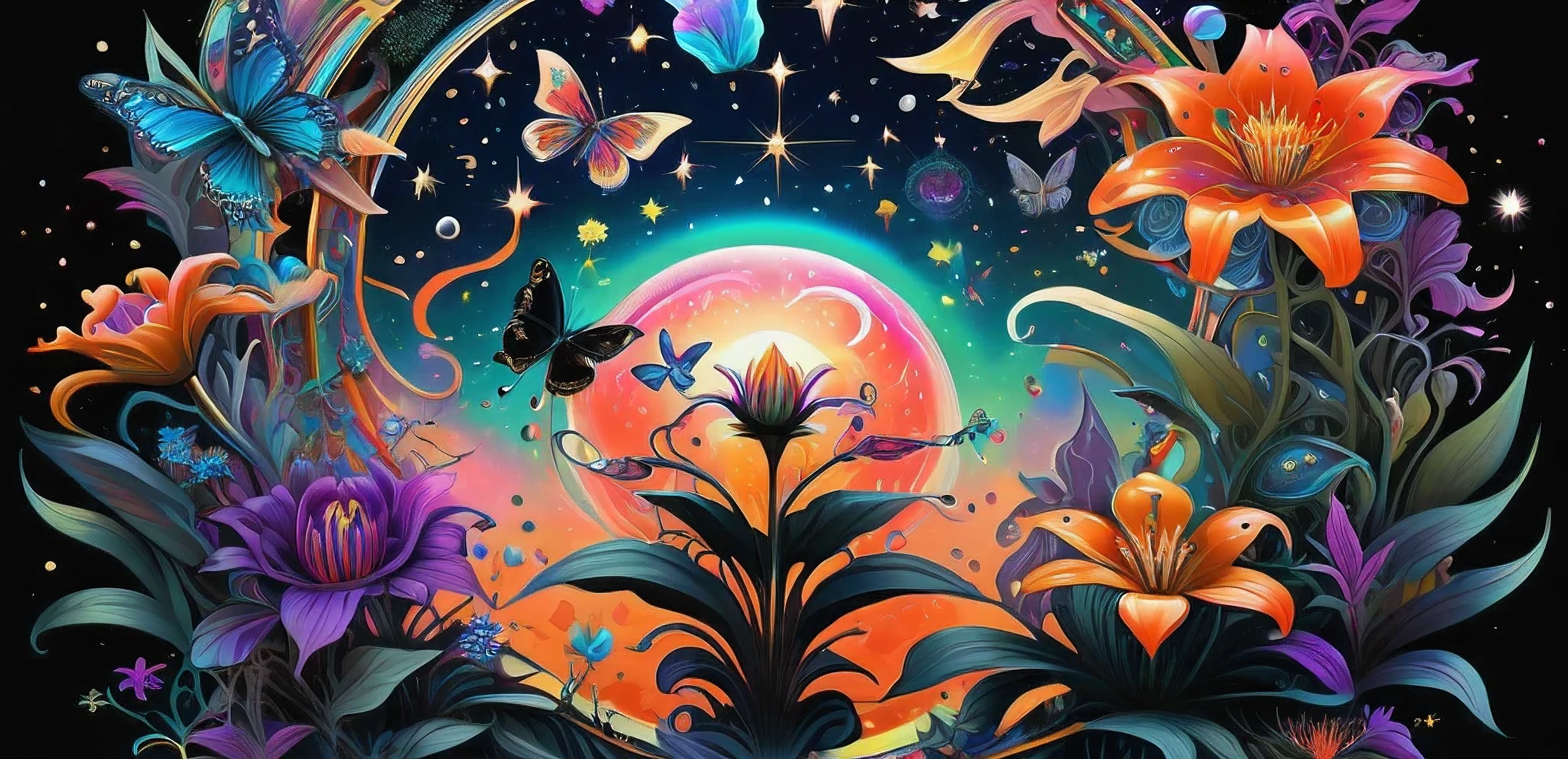 there is a picture of a flower garden with butterflies and flowers, psychedelic floral planets, whimsical and psychedelic, psychedelic atmosphere, surreal psychedelic design, psychedelic art style, beautiful art uhd 4 k, 4k highly detailed digital art, cosmic colorful ultima moongate, magic fantasy highly detailed, detailed dreamscape, magic world. colorful, psychedelic aesthetic