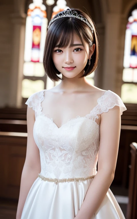 (highest quality:1.5)、(Realistic:1.5)、(1 person:1.5)、(Medium Shot:1.5)、Very detailed、High resolution、8k wallpaper、、Normal milk、Natural color lips、Cute Smile、Japanese women、20-year-old girl、Beautiful and elegant face、Perfect and beautiful face、Large, balanced eyes、Brunette's eyes、Beautiful and elegant face、Beautiful double eyelids、Natural Bangs、Beautiful thin nose、Beautiful Skin、Fair skin、(Medium Bob Hair)、Natural Bangs、Perfect and beautiful face、Slim face and figure、(Looking at the camera with a sweet smile)、Bright lighting、Professional Lighting、Forward lighting、Wedding dress、tiara、(白いオフショルダーのマーメイドラインのWedding dressを着て)、Wedding ceremony in a church with beautiful stained glass、pose for a photo、