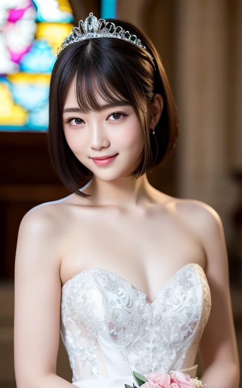 (highest quality:1.5)、(Realistic:1.5)、(1 person:1.5)、(Medium Shot:1.5)、Very detailed、High resolution、8k wallpaper、、Normal milk、Natural color lips、Cute Smile、Japanese women、20-year-old girl、Beautiful and elegant face、Perfect and beautiful face、Large, balanced eyes、Brunette's eyes、Beautiful and elegant face、Beautiful double eyelids、Natural Bangs、Beautiful thin nose、Beautiful Skin、Fair skin、(Medium Bob Hair)、Natural Bangs、Perfect and beautiful face、Slim face and figure、(Looking at the camera with a sweet smile)、Bright lighting、Professional Lighting、Forward lighting、Wedding dress、tiara、(白いオフショルダーのマーメイドラインのWedding dressを着て)、Wedding ceremony in a church with beautiful stained glass、pose for a photo、