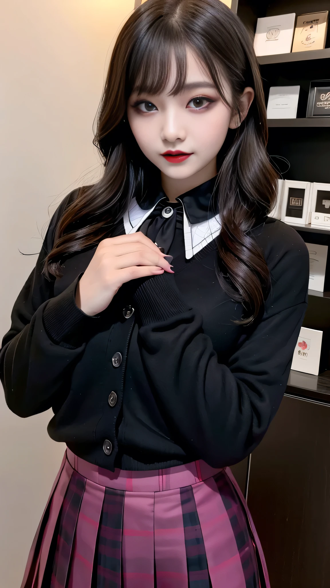 best quality、ultra-detailed、4k、Japanese、Seductive beauty、seductive adult woman、Pretty Woman、cool girl、Villainess、Brainwashed、brainwash、Fallen into evil、smirk、Evil look、Wicked Smile、evil、Brown hair、wavy hair、swept bangs、dark makeup、dark makeup、piercing eyes、hollow eyes,half-closed eyes、Hollow Eyes、purple Eyeshadow、black lipstick、black lipglos、student、uniform、Black cardigan、White Shirt、Black Ribbon、flare skirt、pantyhose、night、inside darkroom、Have lipstick、Emblem of Evil、Crest of Darkness、Swear allegiance、I have pledged my allegiance、Dye black、Blackening、Stained with evil、Dyed in darkness、Seduce