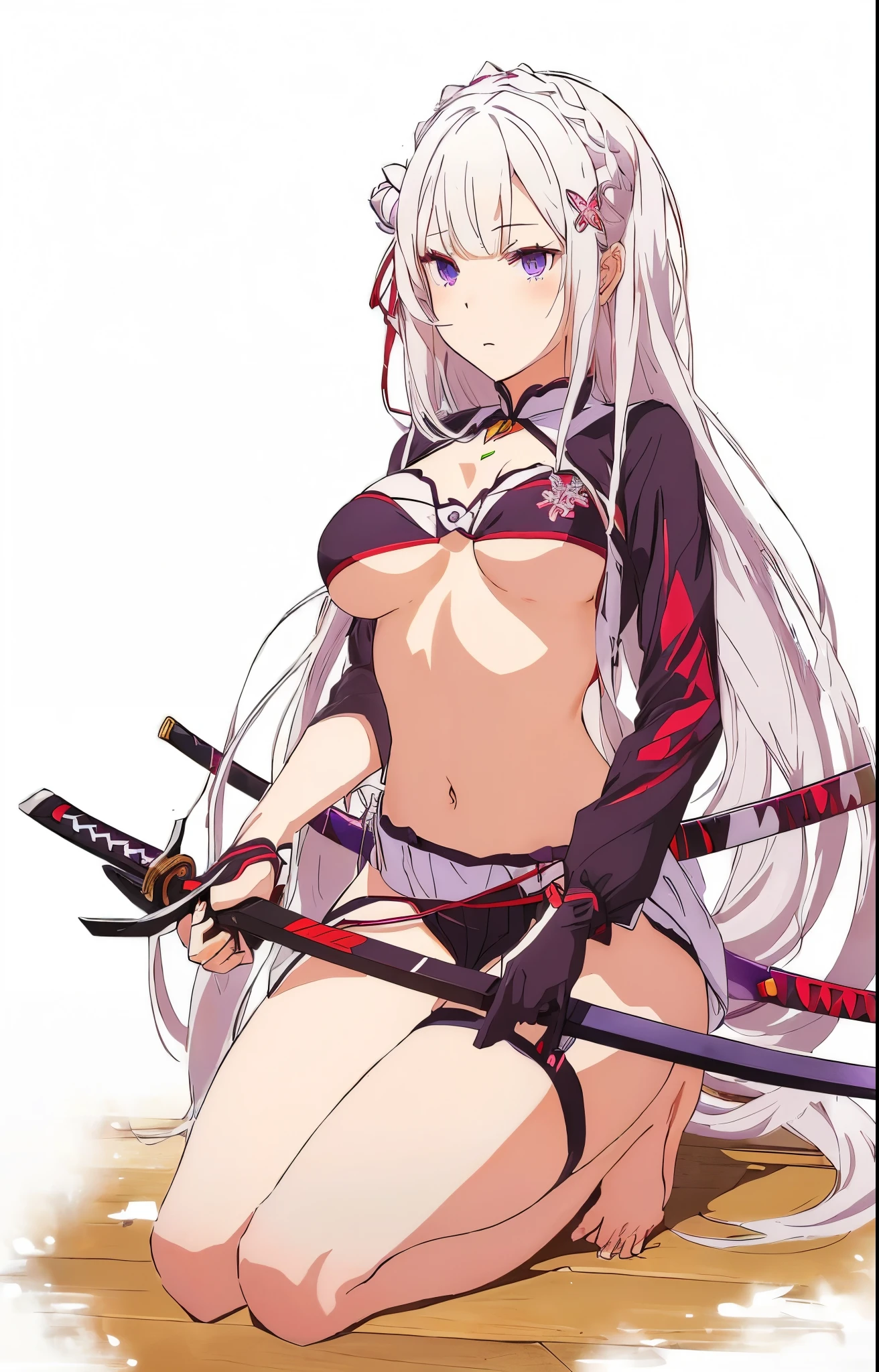 1girl、(((devilの羽:devil:Two horns))),Long Hair,10 years old、,(((fullbody)))、Nipples、sakura,(((Sword in left hand)))、独奏、Sharp Claws、Sharp Fangs、Naughty figure、Red ribbon、Sexy clothes、Arisu