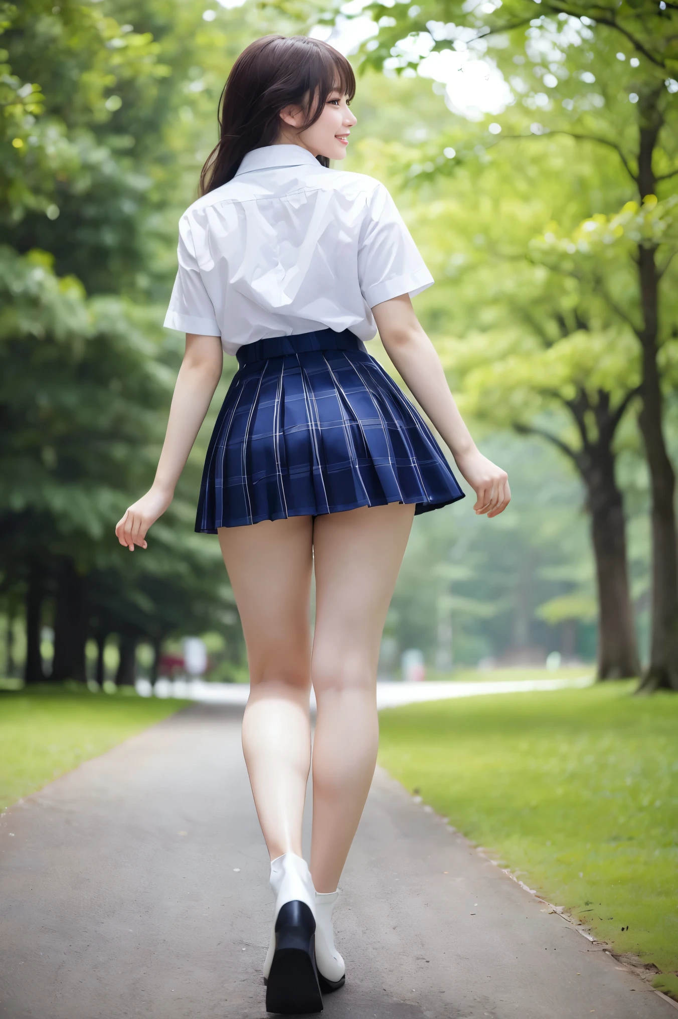 (highest quality、Tabletop、8k、Best image quality、Award-winning works)、One high school girl、16 years old、(alone:1.1)、(One photo:1.1)、Perfect beautiful composition、(Large Breasts:1.3)、(Accentuate your body lines:1.1)、(Perfect and precise white polyester shirt:1.1)、(Navy plaid pleated skirt:1.1)、(Photo on the leg:1.2)、Look at me and smile、(Beautiful park background with strong blur:1.1)、The most natural and perfect beauty park、Perfectly maintained regular park、Standing Elegantly、Natural Makeup、(Thick legs:1.2)、(Glamorous Body:1.3)、Ultra-high definition beauty face、Ultra HD Hair、Ultra-high definition sparkling eyes、(Ultra-high resolution glossy skin:1.1)、Ultra-high quality glossy lips、Accurate anatomy、(very bright and vivid:1.1)、(Rear view:1.3)、(She&#39;s pointing her butt towards me:1.2)、(big and beautiful hips:1.2)、(Emphasizes the beautiful hip line:1.1)、