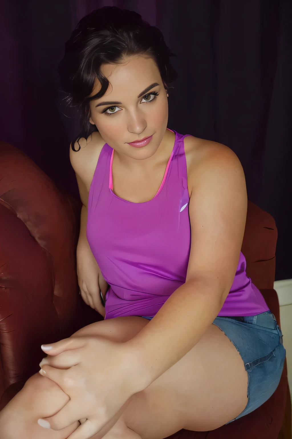 Light brunette woman in a purple top and blue shorts sitting in an armchair with her legs crossed, sitting on bent knees, half-length photo, half-body close-up, seductive sitting pose, leg and hip photo, side portrait, back photo, big thighs, beautiful woman with perfect body, doing sassy pose, 40 year old woman, full body sarcastic pose, photo shoot, lewd pose. Shapely woman in purple top and blue shorts posing for a photo, arms to the side, violet tight top, half body close up, full body portrait photo, full body, full body photography, centered full body photo, woman 40 years old, 4k, portrait photo, light violet tank top, profile photo, sweaty face, 3/4 solo portrait, suitable photo, black background. She is wearing a vibrant pink-purple sports tank top and mixed shorts (((blue-gray-green-black))), suggesting an active lifestyle or athletic attire for working out. Sharp photo, high quality, high resolution (ultra quality masterpiece), Ultra HD, high contrast, 16K. Masterpiece: 1.3, high resolution, (photographically realistic), NUDE, NUDITY, NFSW.