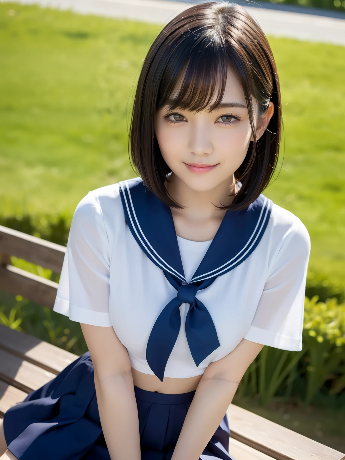 (highest quality:1.5)、(Realistic:1.5)、(1 person:1.5)、(Upper Body:1.5)、Very detailed、High resolution、8k wallpaper、、Small breasts、Natural color lips、Cute Smile、Japanese women、20-year-old girl、Beautiful and elegant face、Perfect and beautiful face、Big eyes、Brunette eyes、Beautiful and elegant face、Natural double eyelids、Natural Bangs、Beautiful thin nose、Beautiful Skin、Chestnut Hair、Medium Bob Hair、Short Hair、Natural Bangs、Perfect and beautiful face、Slim face and figure、(Looking at the camera with a cute expression)、Bright lighting、Professional Lighting、Forward lighting、Cute Smile、Summer blue sky、Grass park on the mountain、Look at the viewers、Sit on a bench、from above、School Sailor Uniform、Navy blue pleated mini skirt、Knee-high socks、Beautiful navel、Open the navel、臍が見えるSchool Sailor Uniformを着ている、High-angle composition、(Staring at the camera with a cute expression)、Bright lighting、Professional Lighting、Forward lighting、Cute Smile、Beautiful feet:1.2、Smooth Skin、Slender body、