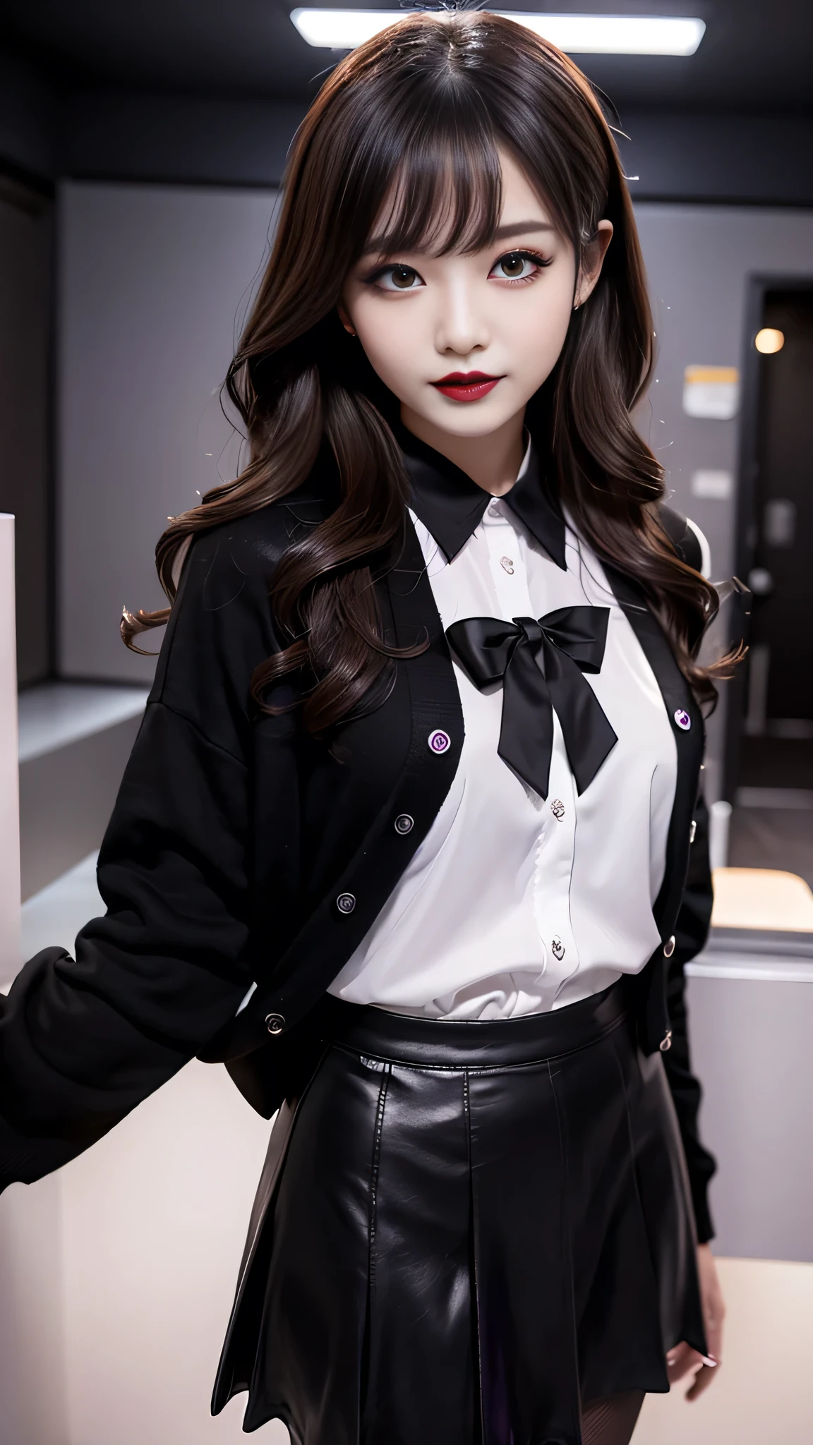 best quality、ultra-detailed、4k、Japanese、Seductive beauty、seductive adult woman、Pretty Woman、cool girl、Villainess、Brainwashed、brainwash、Fallen into evil、smirk、Evil look、Wicked Smile、evil、Brown hair、wavy hair、swept bangs、dark makeup、dark makeup、piercing eyes、hollow eyes,half-closed eyes、Hollow Eyes、purple Eyeshadow、black lipstick、black lipglos、student、uniform、Black cardigan、White Shirt、Black Ribbon、flare skirt、pantyhose、night、inside darkroom、Have lipstick、Emblem of Evil、Crest of Darkness、Swear allegiance、I have pledged my allegiance、Dye black、Blackening、Stained with evil、Dyed in darkness、Seduce