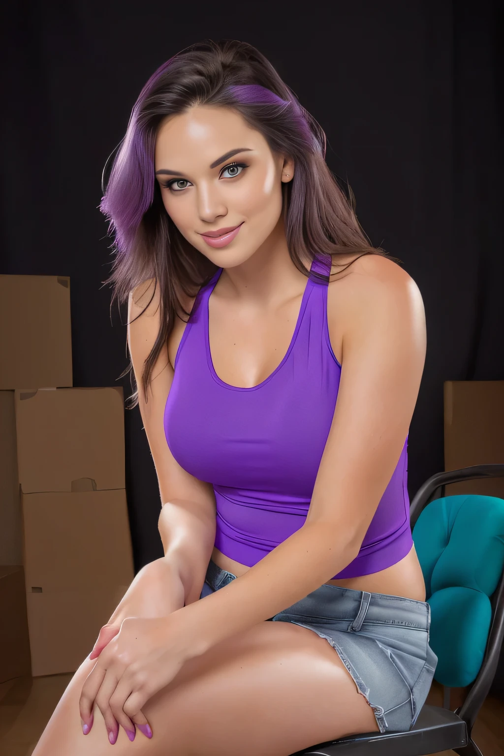 Light brunette woman in a purple top and blue shorts sitting in an armchair with her legs crossed, sitting on bent knees, half-length photo, half-body close-up, seductive sitting pose, leg and hip photo, side portrait, back photo, big thighs, beautiful woman with perfect body, doing sassy pose, 40 year old woman, full body sarcastic pose, photo shoot, lewd pose. Shapely woman in purple top and blue shorts posing for a photo, arms to the side, violet tight top, half body close up, full body portrait photo, full body, full body photography, centered full body photo, woman 40 years old, 4k, portrait photo, light violet tank top, profile photo, sweaty face, 3/4 solo portrait, suitable photo, black background. She is wearing a vibrant pink-purple sports tank top and mixed shorts (((blue-gray-green-black))), suggesting an active lifestyle or athletic attire for working out. Sharp photo, high quality, high resolution (ultra quality masterpiece), Ultra HD, high contrast, 16K. Masterpiece: 1.3, high resolution, (photographically realistic), NUDE, NUDITY, NFSW.