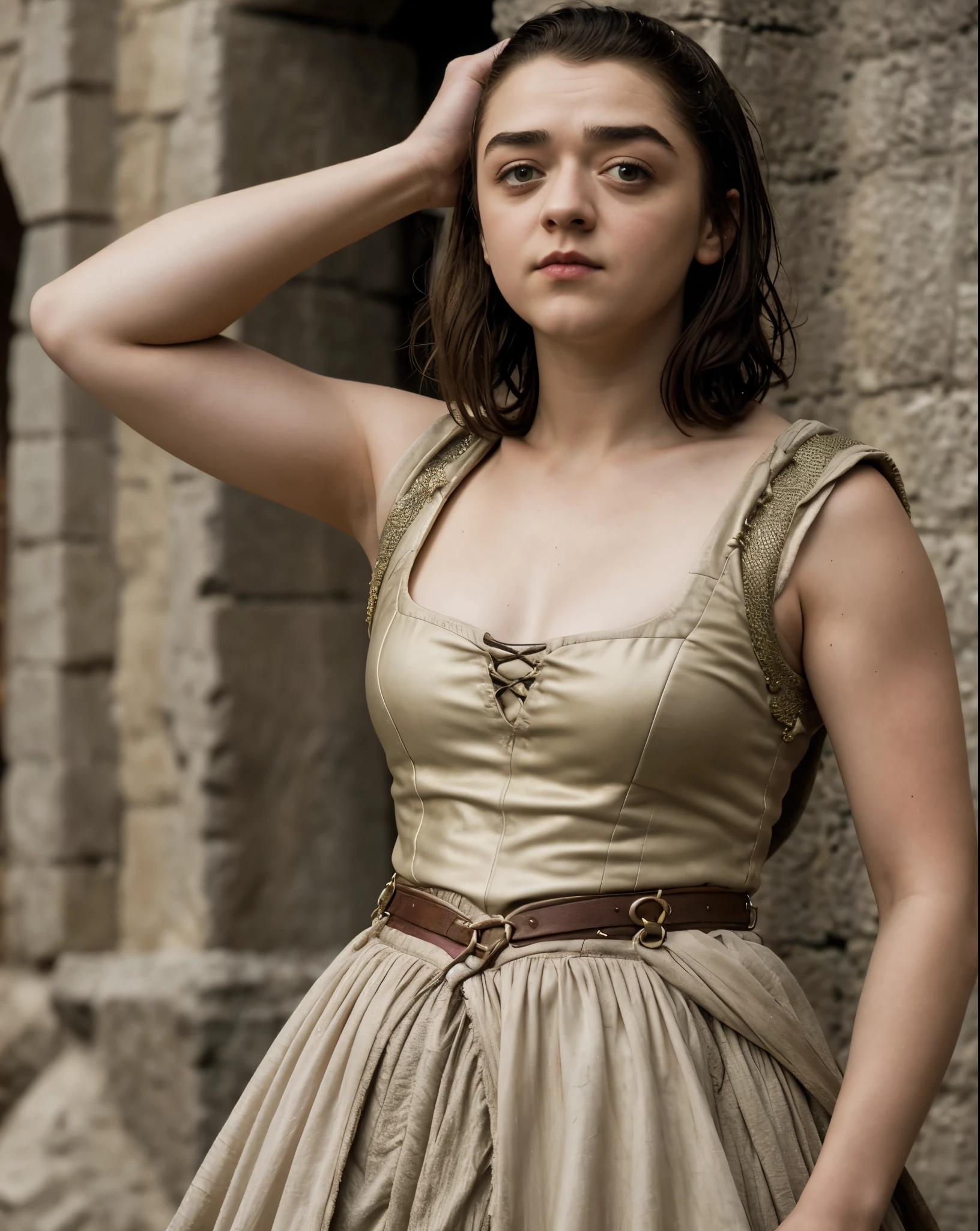 Foto RAW, RAW photograph of Maisie Williams, Arya Stark, mediaeval world cinematic background, Extremely gorgeous lady, Arya Stark PLAYED BY MAISIE WILLIAMS, Queen Arya Stark, she  a mature woman now, milf, sexy mediaeval battle dress, gladiator woman, body, 40 years old Woman, body revealing costumes, perky breast, skin pores, big natural breast, erotic costumes, lusty physique, seductive figure can capture every people's attention, Game of thrones costumes, revealing captivating figure, Mediaeval costumes, revealing clothes, A tomboy, she would rather fence than dance, red lips, warrior queen , game of thrones screen caps, Game of Thrones Series, (pele altamente detalhada: 1.2), 8k UHD, DSLR, soft-lighting, alta qualidade, grain of film, Fujifilm XT3, flawless picture, highly detailed, detailed Beauty, intricate, 32k, sharp picture,