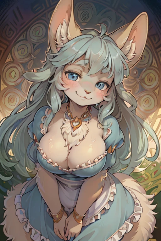 (Alphonse Mucha style:1.3) , hairy bunny mom , (realistic hairy bunny fur:1.5) , round face , (tilt face:1.2) , (half-open eyes:1.5) , moist round eyes , Swollen cheeks , Seduction smile , glossy lips , Curly hair , neat dress , Alice in Wonderland , twilight , Adorable gestures , dynamic angle , nag factor , Gently guide , labyrinth , can not stand it any longer