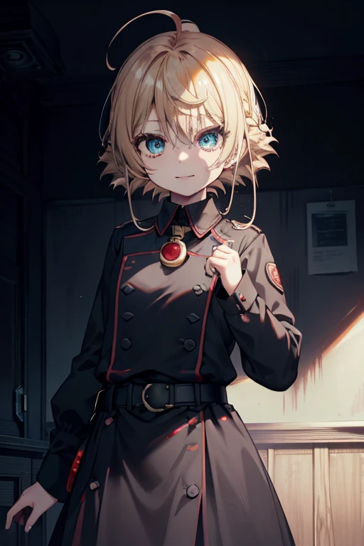 Reina Ryugu, Rina Ryuujou, Blonde hair, long hair, Short braid,عيون buttonقاء شعر, He smiles, Smile and laugh,Scary laughter, Dead eyes,Psychopathic horror,Stained with blood,Blood drops,horrifying,Murder scene, serial killer, Bathed in blood,Clothes with blood on them,A black suit jacket with blood on it, Bloodstained collared jacket,Stained with blood white dress shirt, Shirt with blood on the collar, Neckline, button, belt, ID card on neck, Bloody black pencil skirt,Bloody black pantyhose, Looking at the viewer, (Small breasts:1.2),
break looking at viewer,
break indoors, office,
break (Masterpiece:1.2), Highest quality, High accuracy, Unity wallpaper 8k, (figure:0.8), (Detailed and beautiful eyes:1.6), Highly detailed face, Perfect lighting, Highly detailed CG, (Perfect hands, Perfect anatomy),