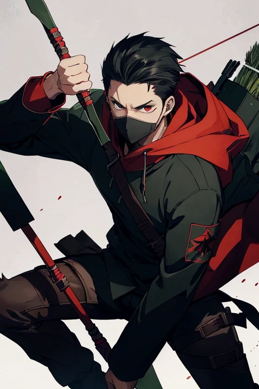 1 man, archer, black hair, scar, red eyes, mask (covering the mouth), hood, black clothing with green lines, light skin, face, (masterpiece), (best image), (manga), (with arrow) on back), (face), (looks 18 years old), (full shirt), (archer outfit), (full body), RPG style, manga