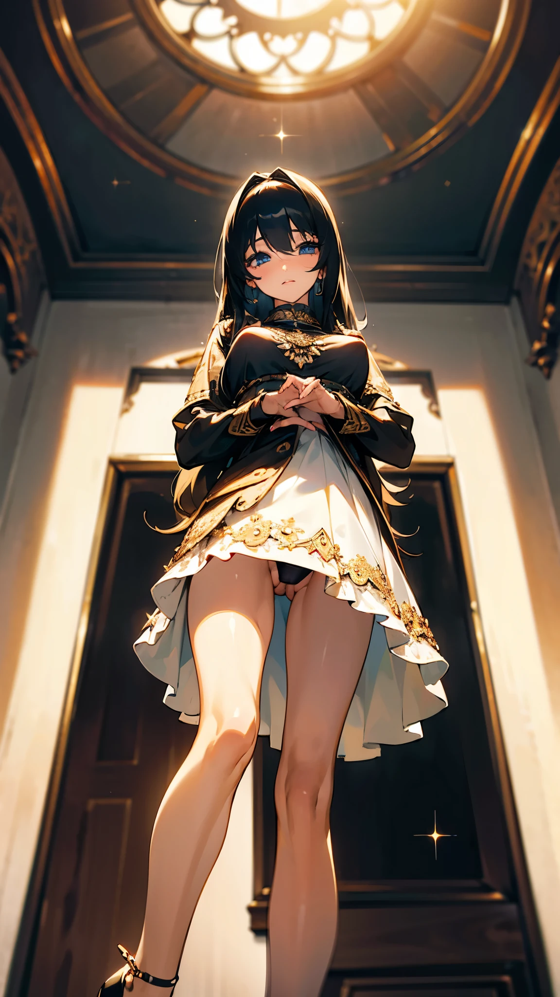 (Realistic:1.3), (masterpiece:1.2), (photoRealistic:1.2), (highest quality), (Detailed skin:1.3), (Intricate details), Reduces light reflections, 1 woman, 19 years old, Detailed skin texture, (blush:0.6), Scattered beneath the surface, smile, Shyness, Black Hair, Straight Hair, medium Long Hair, Calm hair, bangs, Hair between the eyes, Hair volume is low, Sparkling blue eyes, Lens Eye, Light reflection in the eyes, Symmetrical eyes, looking at the camera, hair ornaments, Wearing dress, Floral prints on clothes,
skirt, ((white gold dress)), She has only two legs, Two arms, Five fingers, Two joints in the fingers,
high heels, Depict the whole body, (from below), Inside the room, ((Do not cover the crotch)), ((black g-string panty)), tiny panty, ((vagina)), Perfect body balance, good legs, slim legs, spread her legs very wide, ((roll up skirt with her hands)), separate Panties from clothes, left and right legs the same thickness, ((big tits)), nipple, (under boob), ((stand in the room)), (camel toe), standing on one leg, (Step on the table next to her with one foot), The hem of the skirt flows to the side, Smooth Skin, Big , Natural light, ((pussy)),