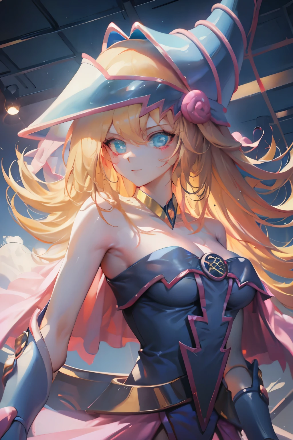 Hatsune Miku disfrazada de dark magician gils. Pose sensual y seductora. Fondo de magia
