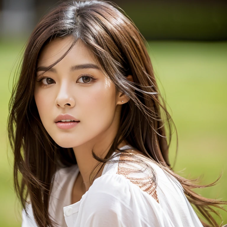 photograph of a 23 year old woman, asian guy, real, Bien, ropa de verano, blanco_Bien, pelo rubio, Brown eyes, piel blanca