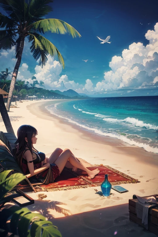 1girl, resort, relaxation, tropical clothing set, Cinematic Angle