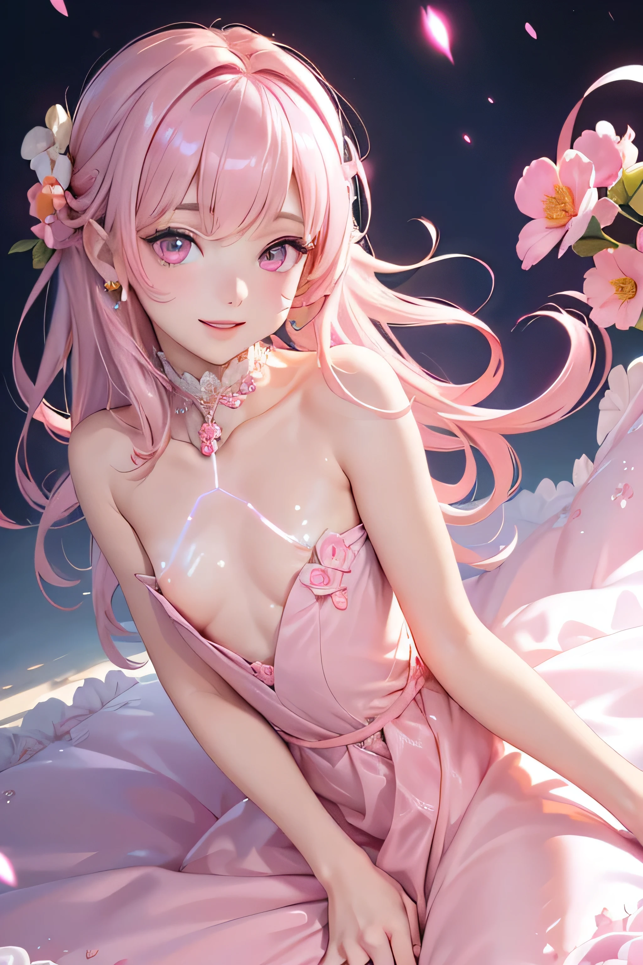 Very detailed CG Unity 8K wallpaper, Cute One lady, Mature hair、lady ,beautiful lady, pale skin (Super masterpiece, Beautiful person, well detailed face polluted smile, Photorealistic, hyper realisitic),
(Pink gorgeous dress:1.7)、 smile、
Japanese background with light pink flowers and snow、Portrait、
(ref Eyes)、(flat chest:1.3)、(Glowing Skin:1.7)、Detailed eyes、Big eyes、Open your mouth、Hide your arm、