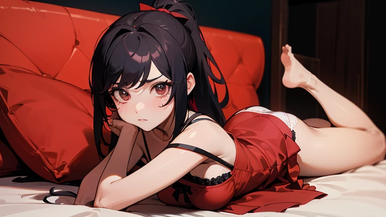 Cabello negro ondulado, mirada penetrante con ojos profundos de color rojo, estatura promedio, Silky hair with a ponytail hairstyle collected with a red bow with two white lines., acostada en su cama ,sin ropa , tiene vagina, tiene pechos,NSFW, poses pervertidas, mirada lujuriosa, pervertida, Uso de una tapa, usando una mini falda, sele ve el calzon abajo de la falda, mostrando mi culo a la camara, Lingerie panties, mine dress