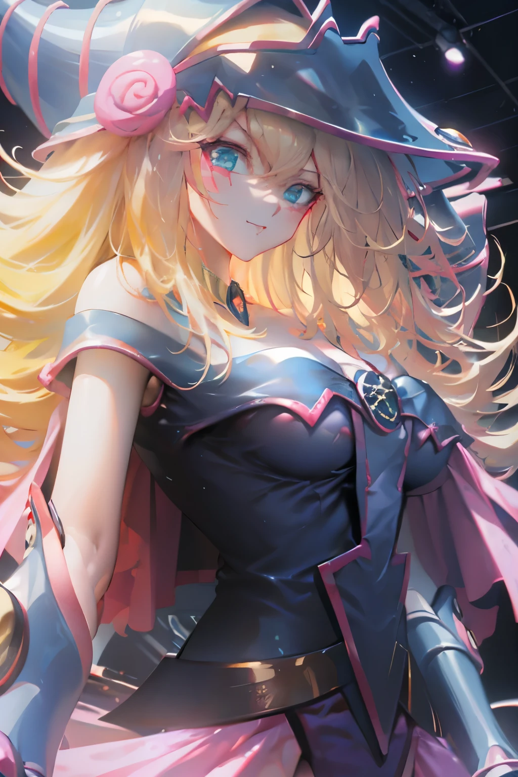 Hatsune Miku disfrazada de dark magician gils. Pose sensual y seductora. Fondo de magia 