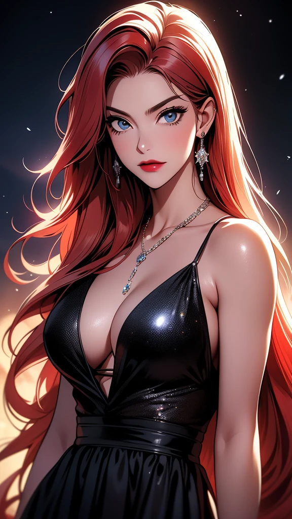 foto de retrato, ((Vivid red hair)), mulher madura, 30 anos de idade, cara de diamante, luar, red starry sky background, profundidade de campo, Magia, big red lips, ((olhos pretos escuros)) vestido longo e cheio preto e vermelho, peito coberto, mystical atmosphere, menacing shadows, aura azul intensa, Intense red aura (melhor qualidade:1.2), absurdos, detalhes intrincados, (pele altamente detalhada:1.2), smile expression, posando, corpo tenso e bem definido, atraente. altamente realista, Pale skin, lindo, hiperrealismo, pele muito elaborada, olhar direto