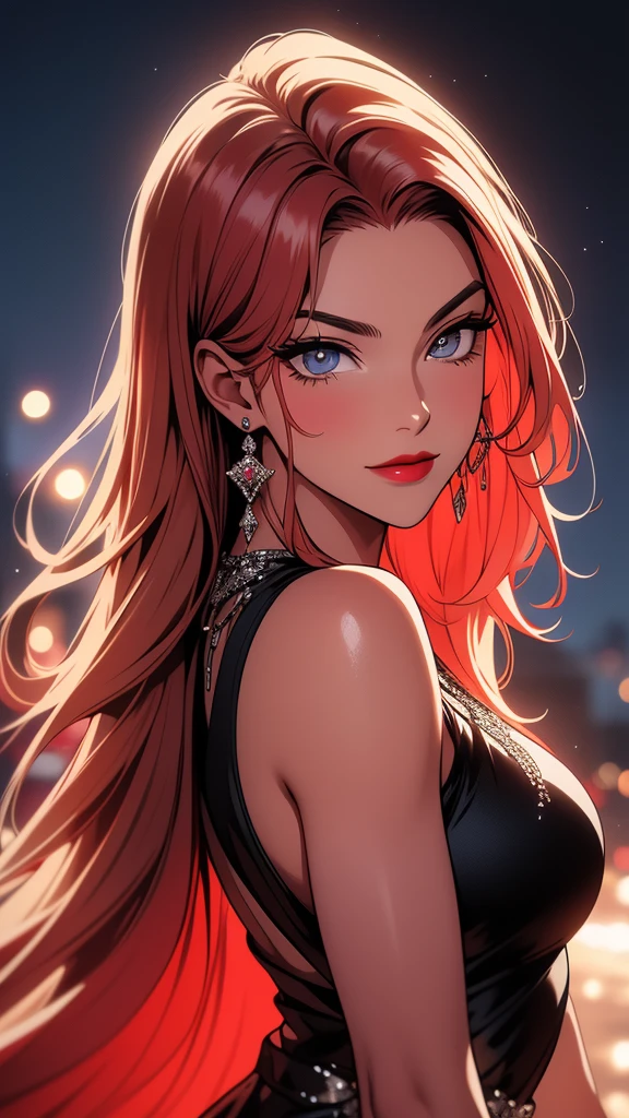 foto de retrato, ((Vivid red hair)), mulher madura, 30 anos de idade, cara de diamante, luar, red starry sky background, profundidade de campo, Magia, big red lips, ((olhos pretos escuros)) vestido longo e cheio preto e vermelho, peito coberto, mystical atmosphere, menacing shadows, aura azul intensa, Intense red aura (melhor qualidade:1.2), absurdos, detalhes intrincados, (pele altamente detalhada:1.2), smile expression, posando, corpo tenso e bem definido, atraente. altamente realista, Pale skin, lindo, hiperrealismo, pele muito elaborada, olhar direto
