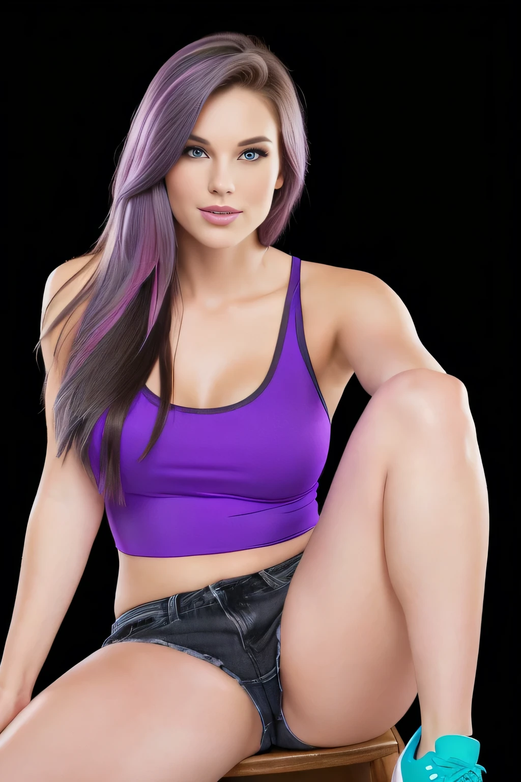 Light brunette woman in a purple top and blue shorts sitting in an armchair with her legs crossed, sitting on bent knees, half-length photo, half-body close-up, seductive sitting pose, leg and hip photo, side portrait, back photo, big thighs, beautiful woman with perfect body, doing sassy pose, 40 year old woman, full body sarcastic pose, photo shoot, lewd pose. Shapely woman in purple top and blue shorts posing for a photo, arms to the side, violet tight top, half body close up, full body portrait photo, full body, full body photography, centered full body photo, woman 40 years old, 4k, portrait photo, light violet tank top, profile photo, sweaty face, 3/4 solo portrait, suitable photo, black background. She is wearing a vibrant pink-purple sports tank top and mixed shorts (((blue-gray-green-black))), suggesting an active lifestyle or athletic attire for working out. Sharp photo, high quality, high resolution (ultra quality masterpiece), Ultra HD, high contrast, 16K. Masterpiece: 1.3, high resolution, (photographically realistic), NUDE, NUDITY, NFSW.