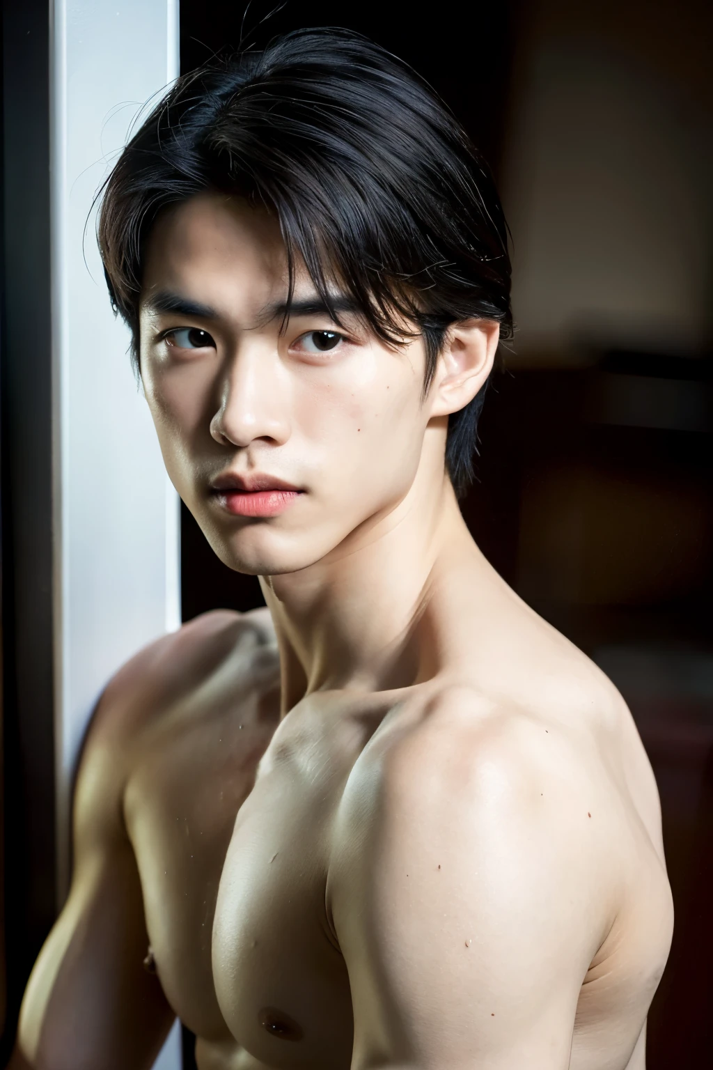 ((best quality)), (detailed), perfect face, HOMEM COREANO, SEM CAMISA, rosto bonito, PEITO MUSCULAR, volume na cueca, protuberance, grande, futurista, Corpo magro, rouco, magro, big nice protuberance, lindo ator coreano, poses sensuais, sensual, blushing red makeup, red lips, white pale skin,
