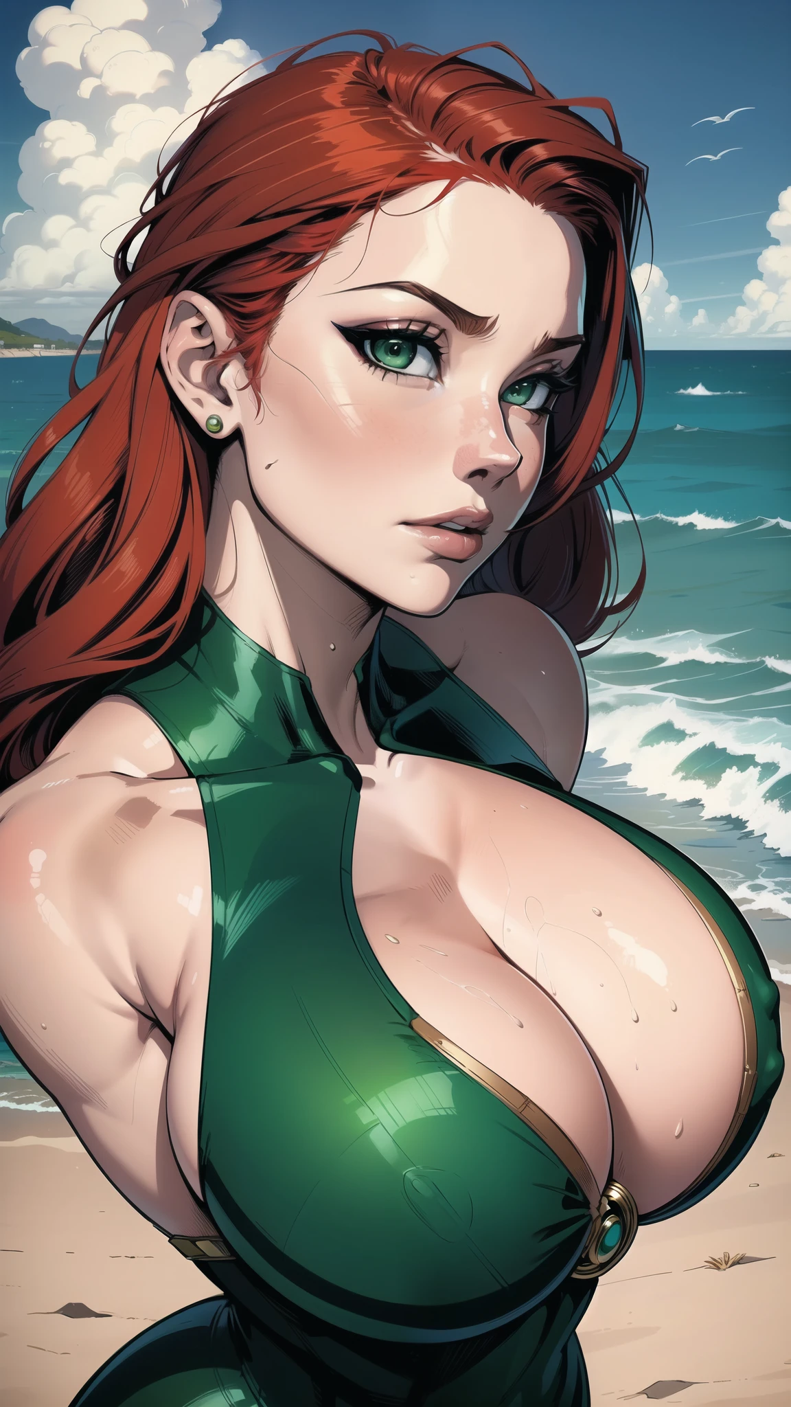 Portrait, Masterpiece, Excellent, 1girl, solo, complex details, color diffusion, comic book, anime, marvel, DC, close-up, Siren, pale skin, chubby, big breasts, red hair, green eyes, ocean attire, beach attire, tattered cloth, Mermaid, mischievous, Sci-Fi, Fantasy