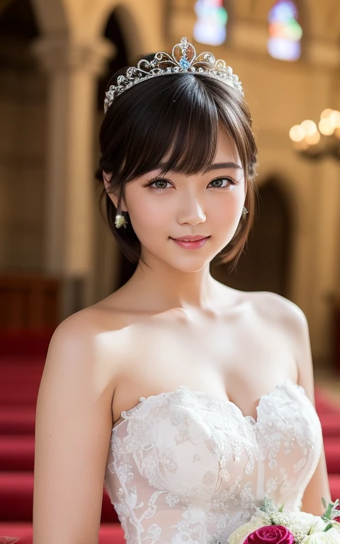(highest quality:1.5)、(Realistic:1.5)、(1 person:1.5)、(Medium Shot:1.5)、Very detailed、High resolution、8k wallpaper、、Normal milk、Natural color lips、Cute Smile、Japanese women、20-year-old girl、Beautiful and elegant face、Perfect and beautiful face、Large, balanced eyes、Brunette's eyes、Beautiful and elegant face、Beautiful double eyelids、Natural Bangs、Beautiful thin nose、Beautiful Skin、Fair skin、(Medium Bob Hair)、Natural Bangs、Perfect and beautiful face、Slim face and figure、(Looking at the camera with a sweet smile)、Bright lighting、Professional Lighting、Forward lighting、Wedding dress、tiara、(白いオフショルダーのマーメイドラインのWedding dressを着て)、Wedding ceremony in a church with beautiful stained glass、pose for a photo、With a bouquet in her right hand、