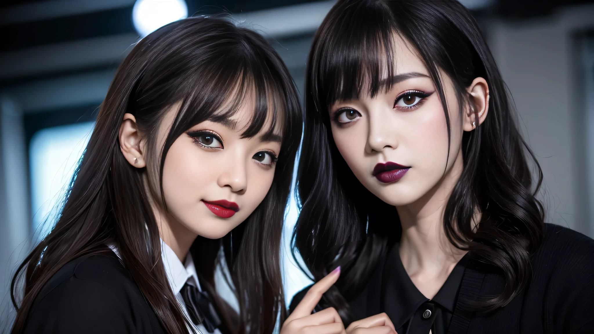 best quality、ultra-detailed、4k、Japanese、Seductive beauty、seductive adult woman、Pretty Woman、cool girl、Villainess、Brainwashed、brainwash、Fallen into evil、smirk、Evil look、Wicked Smile、evil、Brown hair、wavy hair、swept bangs、dark makeup、dark makeup、piercing eyes、hollow eyes,half-closed eyes、Hollow Eyes、purple Eyeshadow、black lipstick、black lipglos、student、uniform、Black cardigan、White Shirt、Black Ribbon、flare skirt、pantyhose、night、inside darkroom、Have lipstick、Emblem of Evil、Crest of Darkness、Swear allegiance、I have pledged my allegiance、Dye black、Blackening、Stained with evil、Dyed in darkness、Seduce
