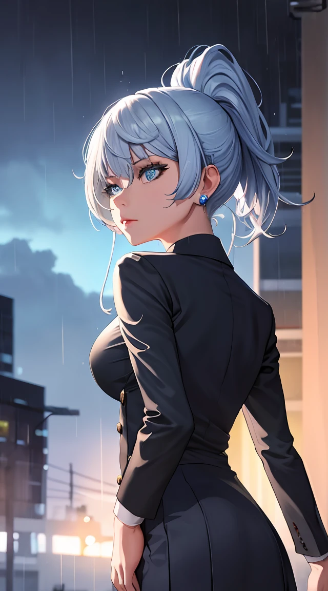 (best quality:1.5, highres, UHD, 4K, detailed lighting, shaders), white and blue haired, gradient hair, large breasts, suit, gray shirt, social shirt, short skirt, mature woman , (pov), white background, colorful eyeshadow, dramatic lighting, sparkling eyes, sensual expression, golden earrings, flowing hair, delicate facial features, dark skin, high cheekbones, raining, urban setting, white background, dont look for the camera, lean forward, view from behind, wet by the rain.