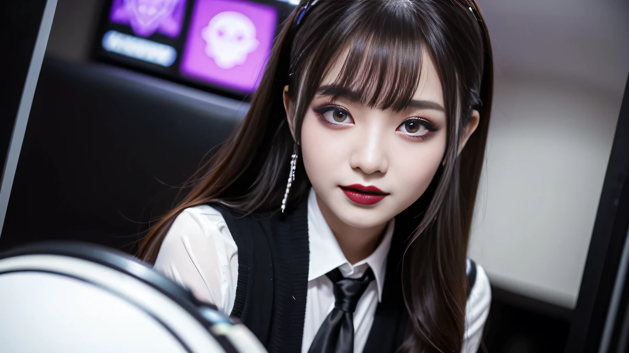 best quality、ultra-detailed、4k、Japanese、Seductive beauty、seductive adult woman、Pretty Woman、cool girl、Villainess、Brainwashed、brainwash、Fallen into evil、smirk、Evil look、Wicked Smile、evil、Brown hair、wavy hair、swept bangs、dark makeup、dark makeup、piercing eyes、hollow eyes,half-closed eyes、Hollow Eyes、purple Eyeshadow、black lipstick、black lipglos、student、uniform、Black cardigan、White Shirt、Black Ribbon、flare skirt、pantyhose、night、inside darkroom、Have lipstick、Emblem of Evil、Crest of Darkness、Swear allegiance、I have pledged my allegiance、Dye black、Blackening、Stained with evil、Dyed in darkness、Seduce