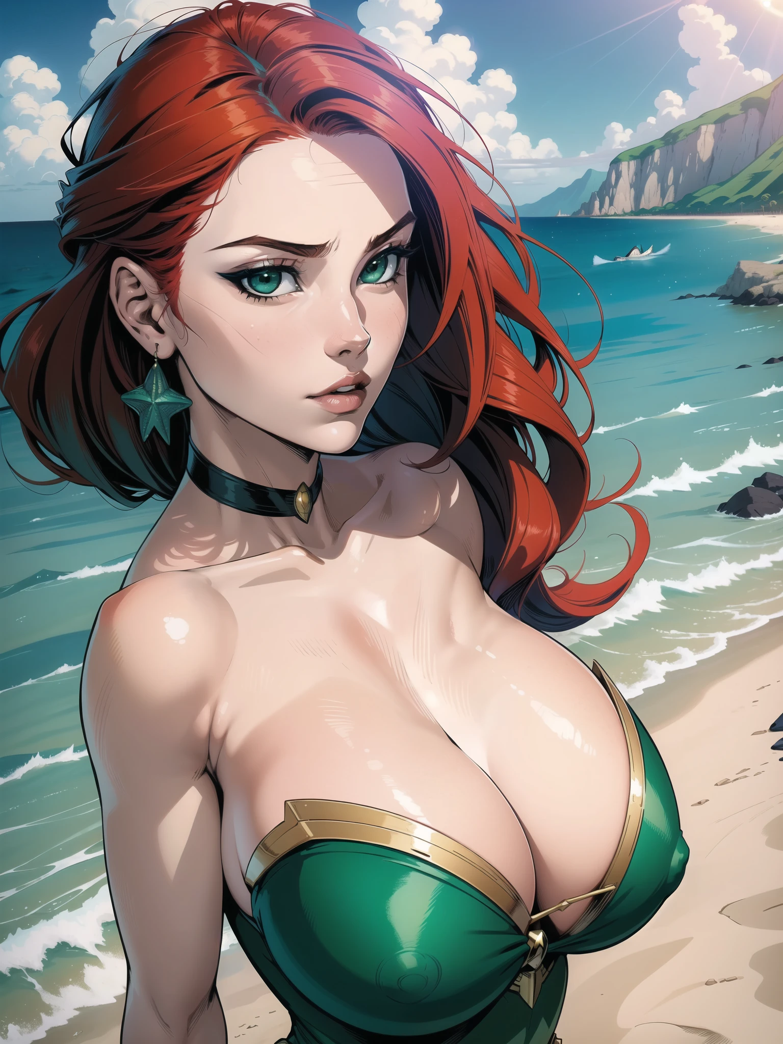 Portrait, Masterpiece, Excellent, 1girl, solo, complex details, color diffusion, comic book, anime, marvel, DC, close-up, Siren, pale skin, chubby, big breasts, red hair, green eyes, ocean attire, beach attire, tattered cloth, Mermaid, mischievous, Sci-Fi, Fantasy