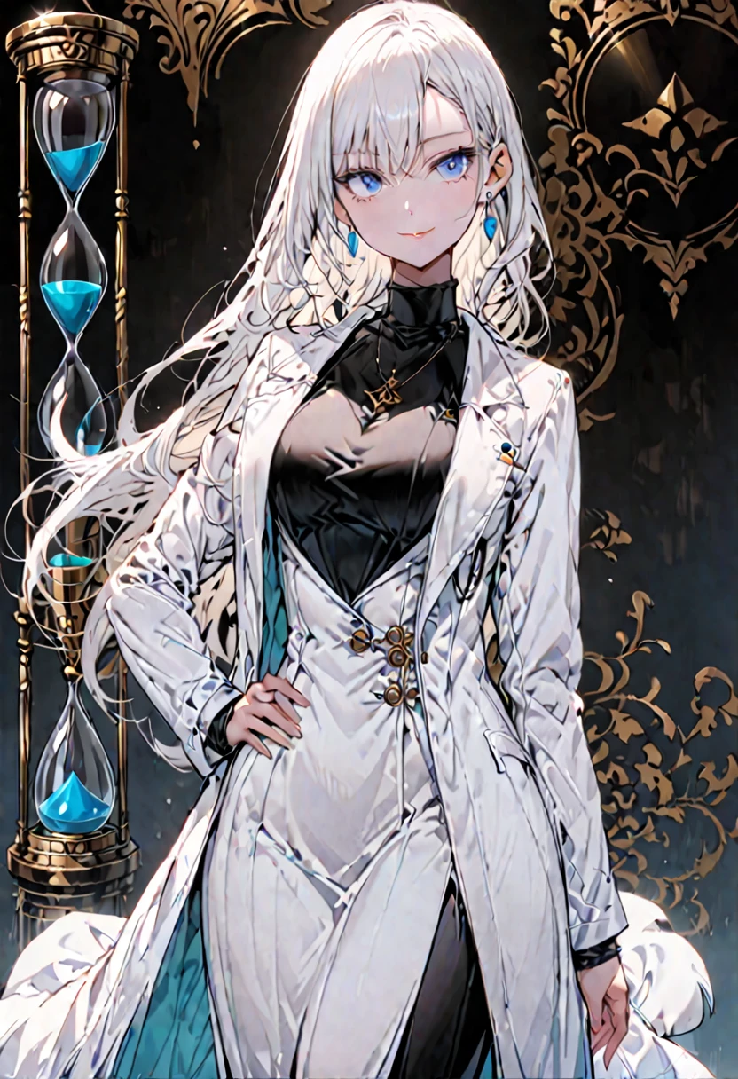 solo, female, blue eyes, silky long white hair, tall, hourglass figure, elegant modest clothes, sfw, white lab coat, calm smile, hands on hip, earring, black turtleneck, lab
