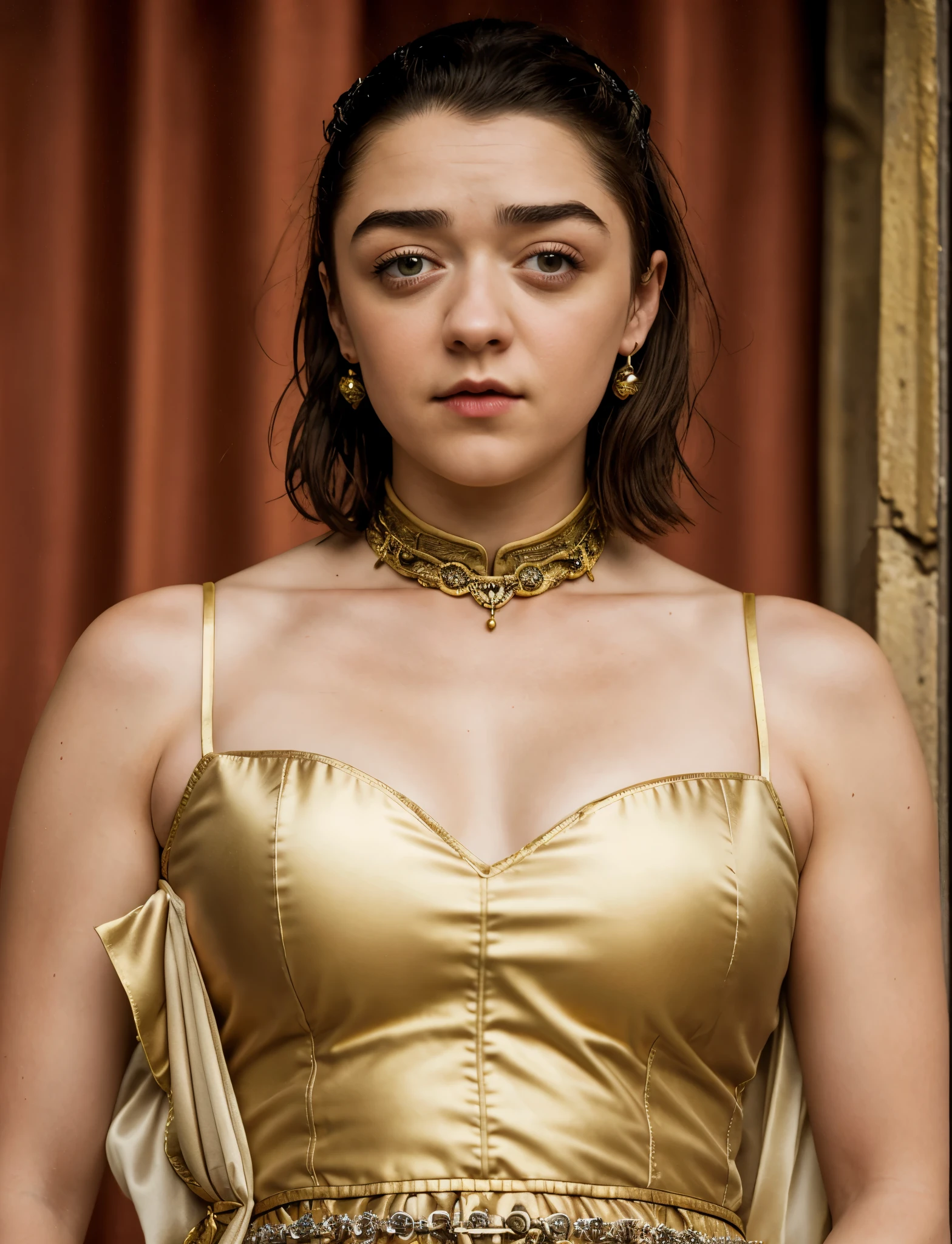 Foto RAW, RAW photograph of Maisie Williams, Arya Stark, mediaeval world cinematic background, Extremely gorgeous lady, Arya Stark PLAYED BY MAISIE WILLIAMS, Queen Arya Stark, she  a mature woman now, milf, sexy mediaeval battle dress, gladiator woman, body, 40 years old Woman, body revealing costumes, perky breast, skin pores, big natural breast, erotic costumes, lusty physique, seductive figure can capture every people's attention, Game of thrones costumes, revealing captivating figure, Mediaeval costumes, revealing clothes, A tomboy, she would rather fence than dance, red lips, warrior queen , game of thrones screen caps, Game of Thrones Series, (pele altamente detalhada: 1.2), 8k UHD, DSLR, soft-lighting, alta qualidade, grain of film, Fujifilm XT3, flawless picture, highly detailed, detailed Beauty, intricate, 32k, sharp picture,